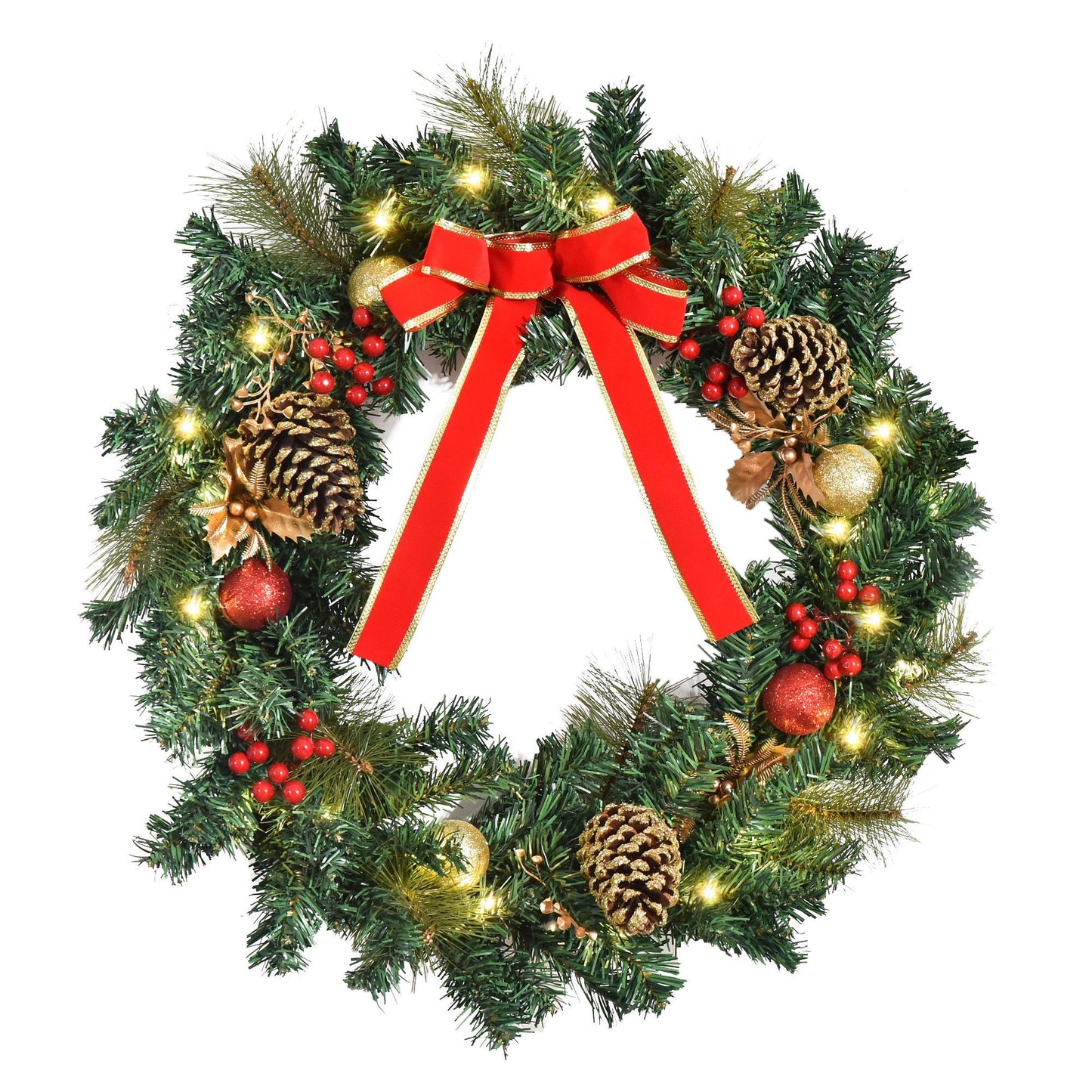 Christmas Wreath Pre-Lit Artificial Greenery Xmas Spruce Wreath Cones Red Berries 20 LED Lights Battery Operated