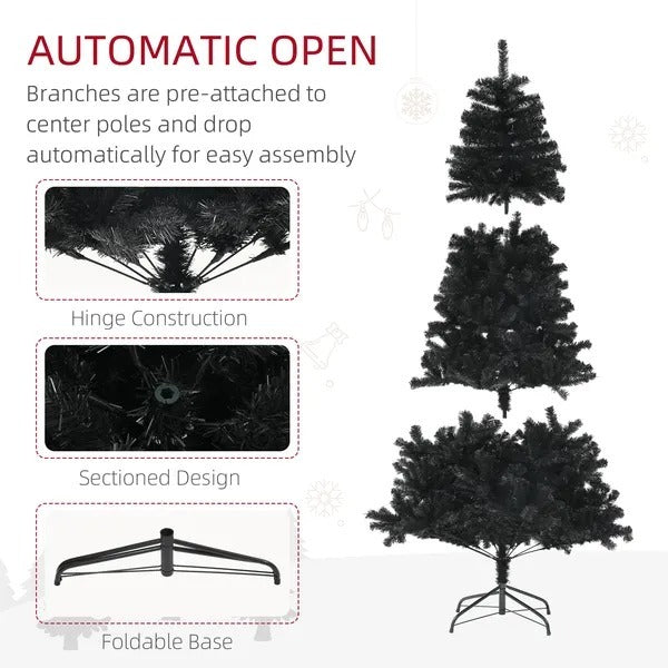 6ft Artificial Christmas Trees With Auto Open And Steel Base, Black