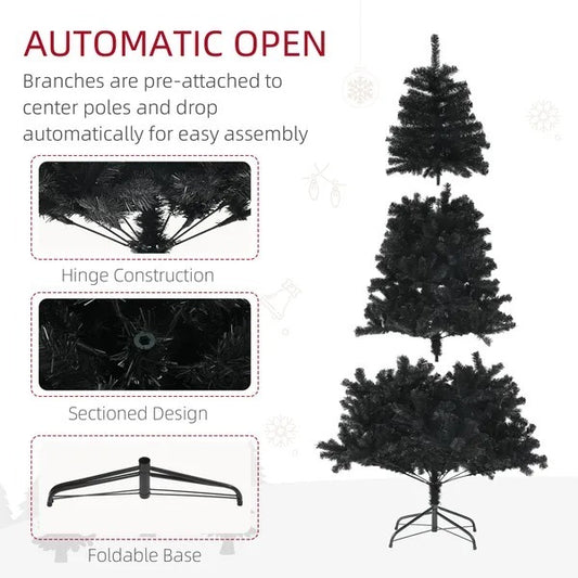 6ft Artificial Christmas Trees With Auto Open And Steel Base, Black